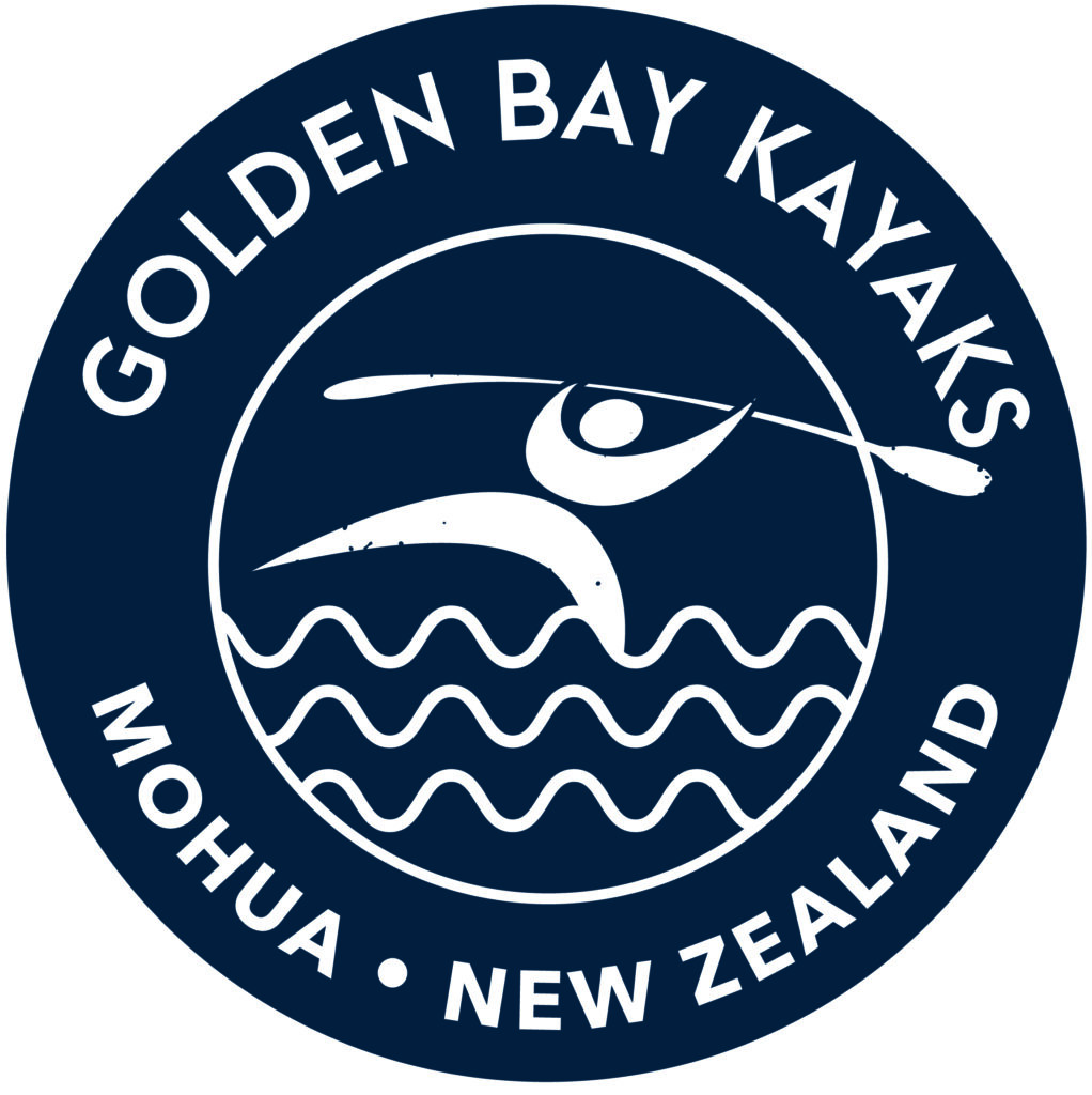 Logo of Golden Bay Kayaks featuring a stylized kayaker paddling on wavy water with text reading "Golden Bay Kayaks – Mohua, New Zealand."