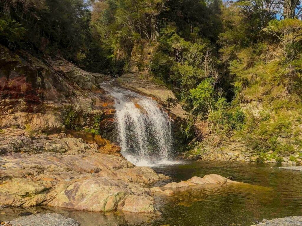 Salisbury Falls waterfall cascading over rocky cliffs into a deep green swimming hole surrounded by native bush in Golden Bay, New Zealand.