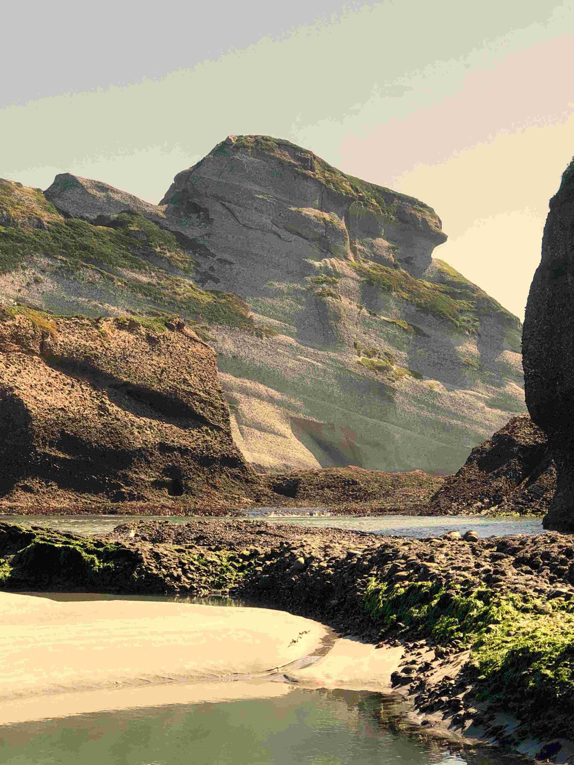 Cliffs and tidal pools at Wharariki Beach, Golden Bay, New Zealand.