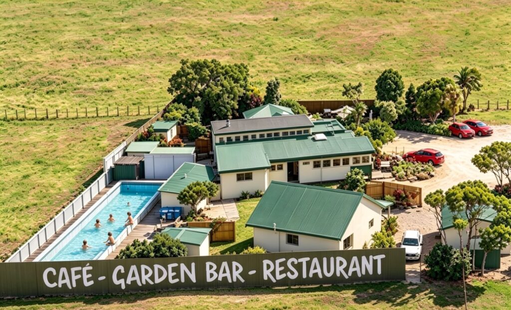 Aerial view of the Old School Café in Pakawau, Golden Bay, New Zealand, featuring the café, garden bar, restaurant, swimming pool, and surrounding rural landscape.