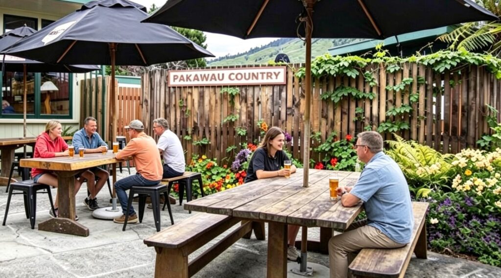 People enjoying outdoor dining and drinks at the Old School Café in Pakawau, New Zealand, with wooden picnic tables, garden flowers, umbrellas, and scenic rural hills in the background.